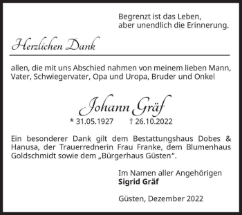 Traueranzeige von Johann Gräf  von Magdeburger Volksstimme