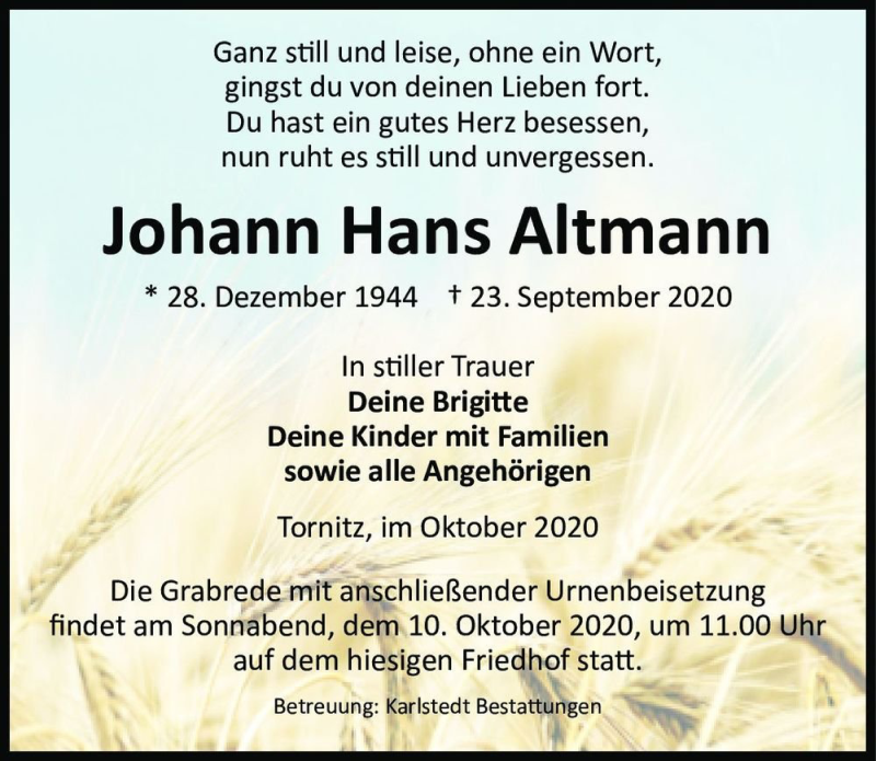  Traueranzeige für Johann Hans Altmann  vom 02.10.2020 aus Magdeburger Volksstimme