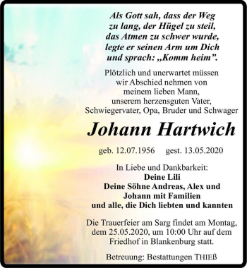 Traueranzeige von Johann Hartwich  von Magdeburger Volksstimme