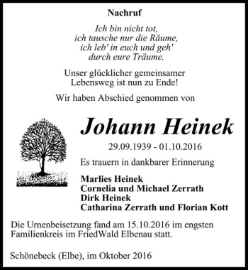 Traueranzeige von Johann Heinek  von Magdeburger Volksstimme