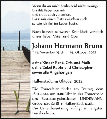 Traueranzeige von Johann Hermann Bruns  von Magdeburger Volksstimme