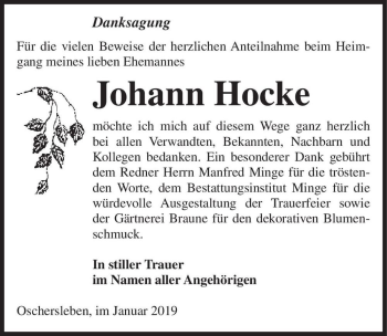 Traueranzeige von Johann Hocke  von Magdeburger Volksstimme