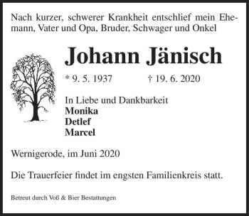 Traueranzeige von Johann Jänisch  von Magdeburger Volksstimme