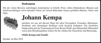 Traueranzeige von Johann Kempa  von Magdeburger Volksstimme