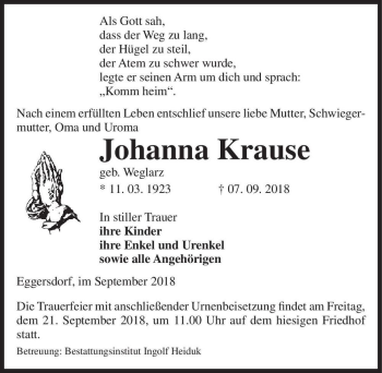 Traueranzeige von Johann Krause (geb. Weglarz)  von Magdeburger Volksstimme