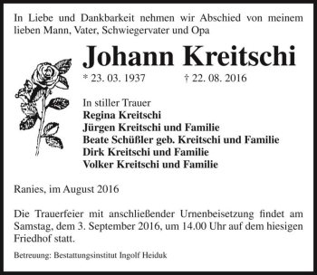 Traueranzeige von Johann Kreitschi  von Magdeburger Volksstimme