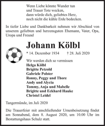 Traueranzeige von Johann Kölbl  von Magdeburger Volksstimme