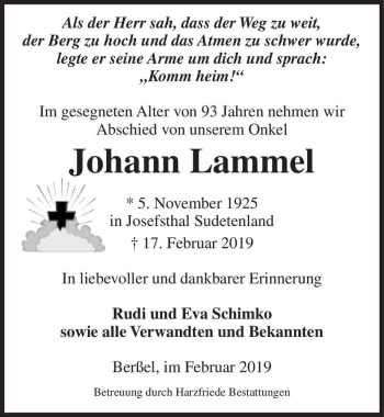 Traueranzeige von Johann Lammel  von Magdeburger Volksstimme
