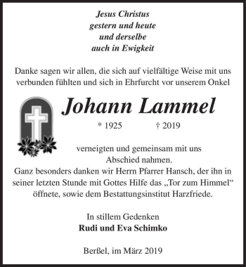 Traueranzeige von Johann Lammel  von Magdeburger Volksstimme