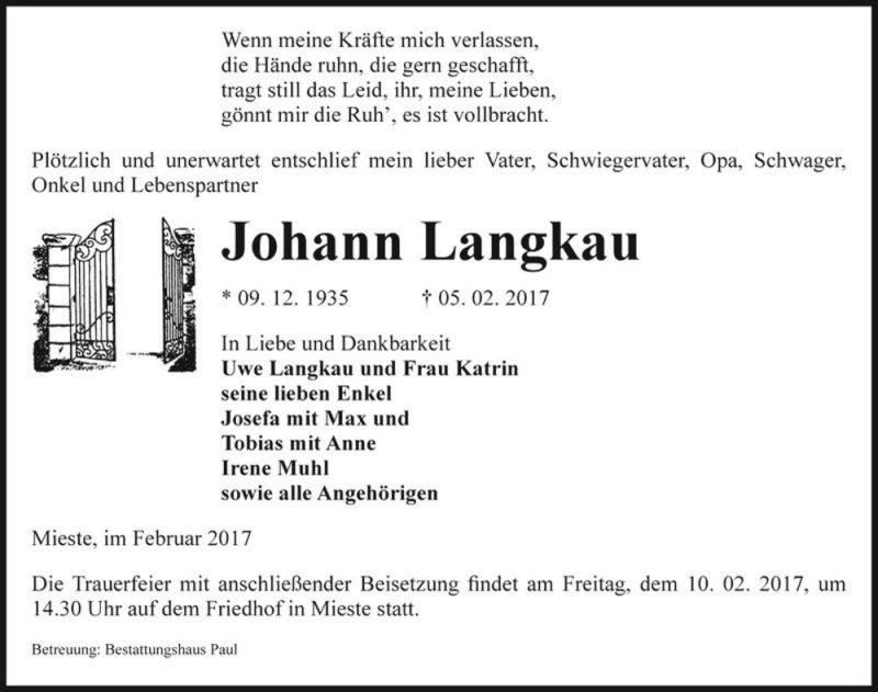  Traueranzeige für Johann Langkau  vom 07.02.2017 aus Magdeburger Volksstimme
