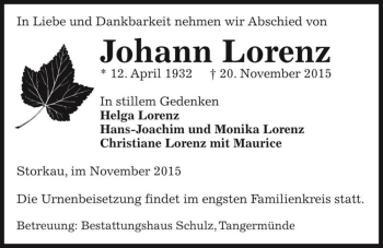 Traueranzeige von Johann Lorenz  von Magdeburger Volksstimme