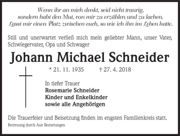 Traueranzeige von Johann Michael Schneider  von Magdeburger Volksstimme