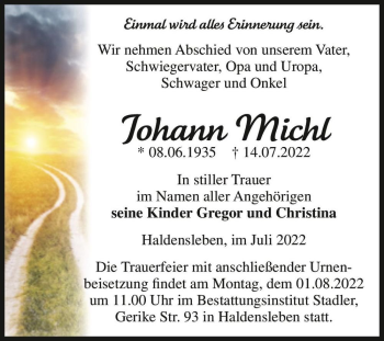 Traueranzeige von Johann Michl  von Magdeburger Volksstimme