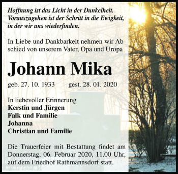 Traueranzeige von Johann Mika  von Magdeburger Volksstimme