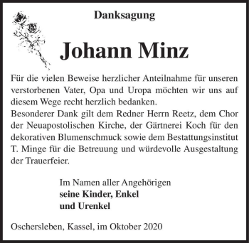 Traueranzeige von Johann Minz  von Magdeburger Volksstimme