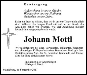 Traueranzeige von Johann Mottl  von Magdeburger Volksstimme