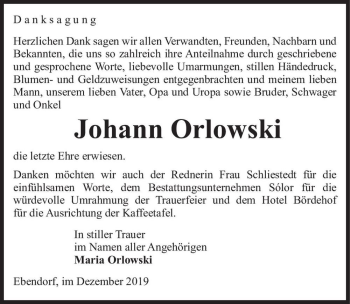 Traueranzeige von Johann Orlowski  von Magdeburger Volksstimme