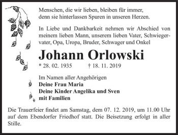 Traueranzeige von Johann Orlowski  von Magdeburger Volksstimme