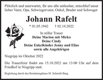 Traueranzeige von Johann Rafelt  von Magdeburger Volksstimme