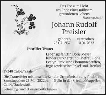 Traueranzeige von Johann Rudolf Preisler  von Magdeburger Volksstimme
