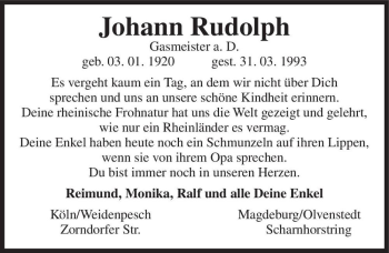 Traueranzeige von Johann Rudolph  von Magdeburger Volksstimme
