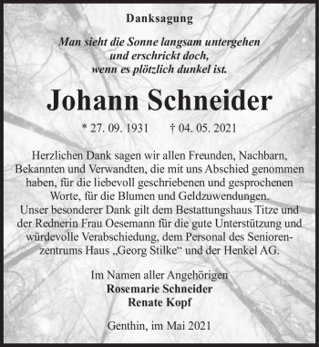 Traueranzeige von Johann Schneider  von Magdeburger Volksstimme