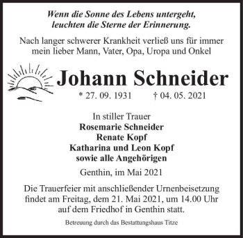 Traueranzeige von Johann Schneider  von Magdeburger Volksstimme