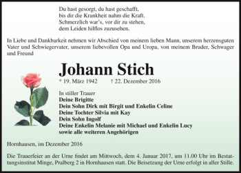 Traueranzeige von Johann Stich  von Magdeburger Volksstimme