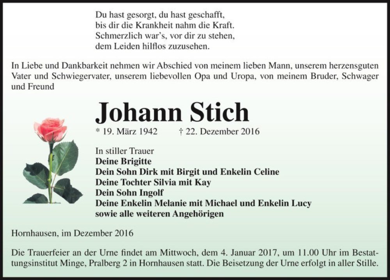  Traueranzeige für Johann Stich  vom 30.12.2016 aus Magdeburger Volksstimme