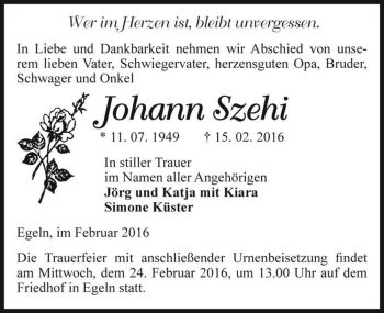Traueranzeige von Johann Szehi  von Magdeburger Volksstimme