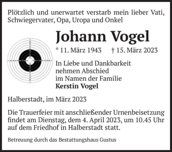 Traueranzeige von Johann Vogel  von Magdeburger Volksstimme