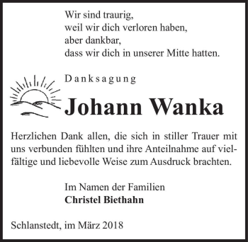 Traueranzeige von Johann Wanka  von Magdeburger Volksstimme