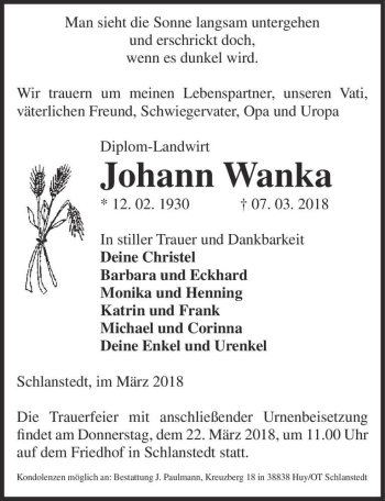Traueranzeige von Johann Wanka  von Magdeburger Volksstimme