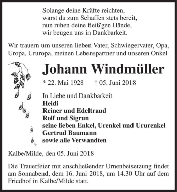 Traueranzeige von Johann Windmüller  von Magdeburger Volksstimme