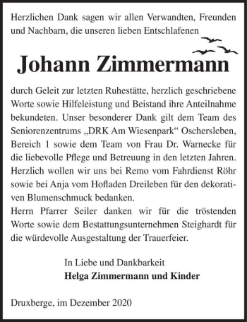 Traueranzeige von Johann Zimmermann  von Magdeburger Volksstimme