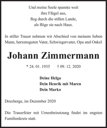 Traueranzeige von Johann Zimmermann  von Magdeburger Volksstimme