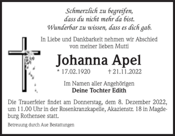 Traueranzeige von Johanna Apel  von Magdeburger Volksstimme