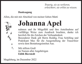 Traueranzeige von Johanna Apel  von Magdeburger Volksstimme