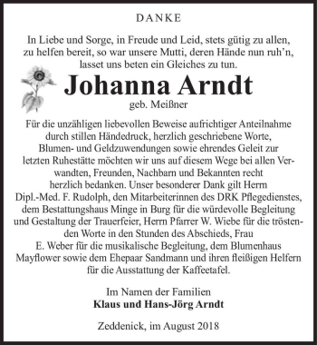 Traueranzeige von Johanna Arndt (geb. Meißner)  von Magdeburger Volksstimme