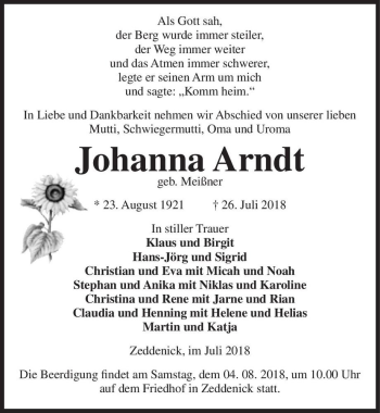 Traueranzeige von Johanna Arndt (geb. Meißner)  von Magdeburger Volksstimme