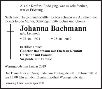 Traueranzeige von Johanna Bachmann (geb. Lichnock)  von Magdeburger Volksstimme