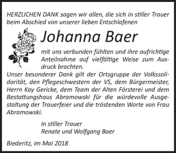 Traueranzeige von Johanna Baer  von Magdeburger Volksstimme
