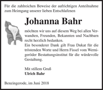 Traueranzeige von Johanna Bahr  von Magdeburger Volksstimme