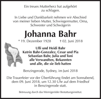 Traueranzeige von Johanna Bahr  von Magdeburger Volksstimme