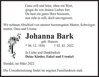 Traueranzeige von Johanna Bark (geb. Hansen)  von Magdeburger Volksstimme