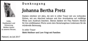 Traueranzeige von Johanna Bertha Pretz  von Magdeburger Volksstimme