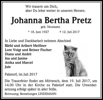 Traueranzeige von Johanna Bertha Pretz (geb. Neumann)  von Magdeburger Volksstimme