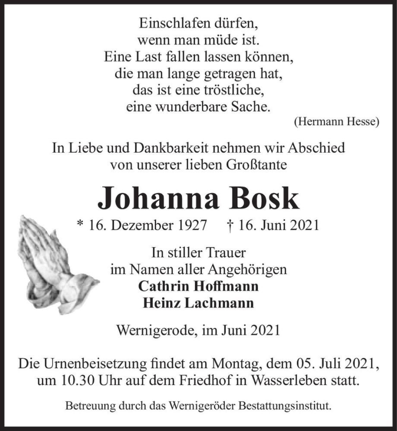  Traueranzeige für Johanna Bosk  vom 25.06.2021 aus Magdeburger Volksstimme