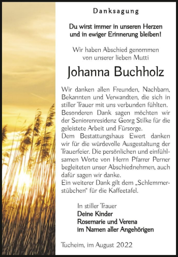 Traueranzeige von Johanna Buchholz  von Magdeburger Volksstimme