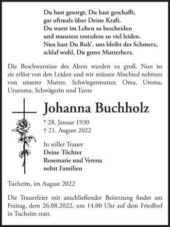 Traueranzeige von Johanna Buchholz  von Magdeburger Volksstimme